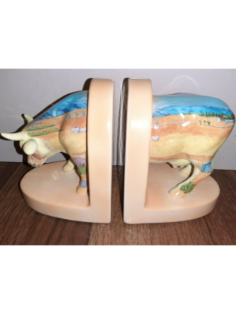 Cow Bull Bookends Style Parade Vincent Van Cogh Ceramic Aqua Orange AS IS
